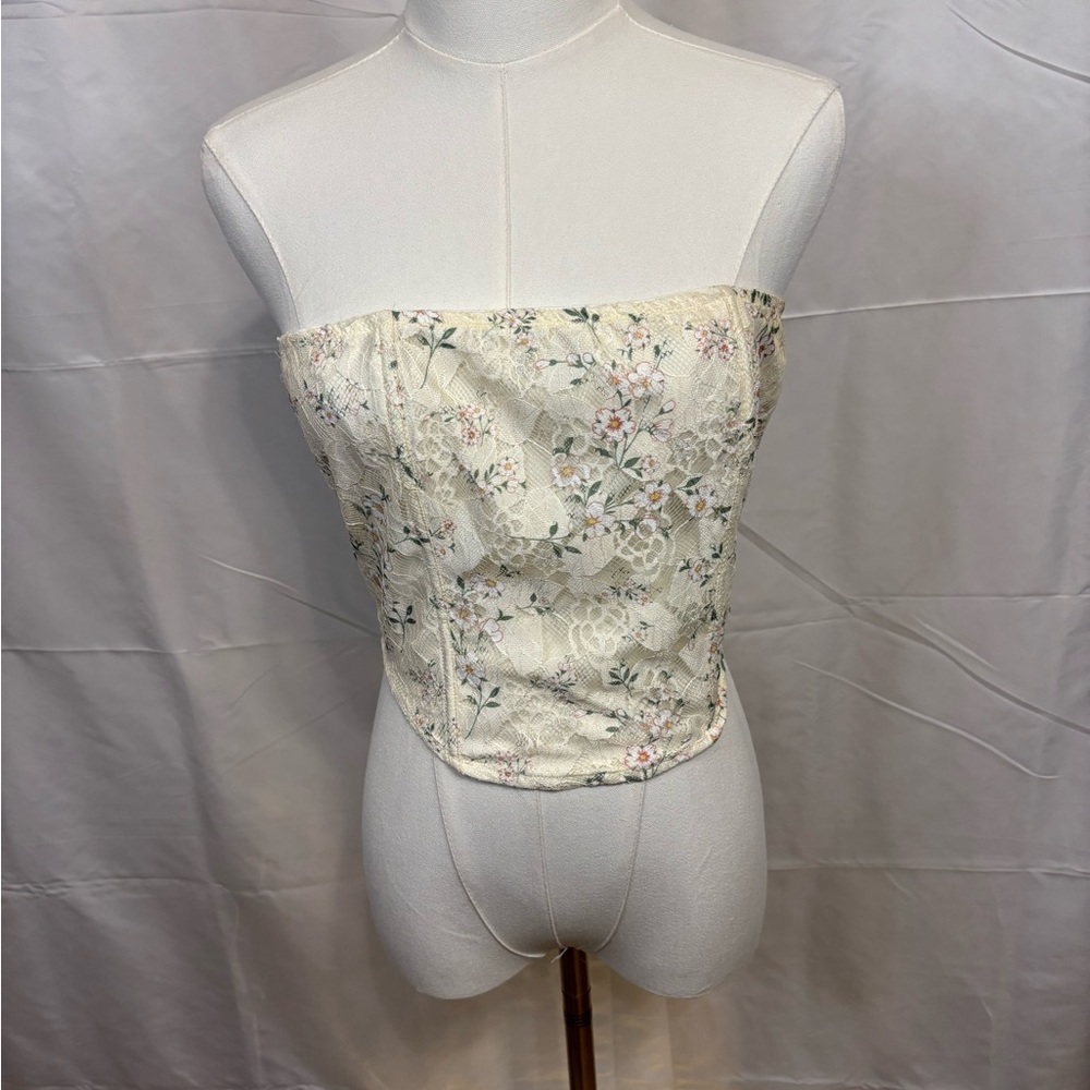 Tic Toc Lace Floral Corset Top Medium Cream Strapless Lace Up‎ Back